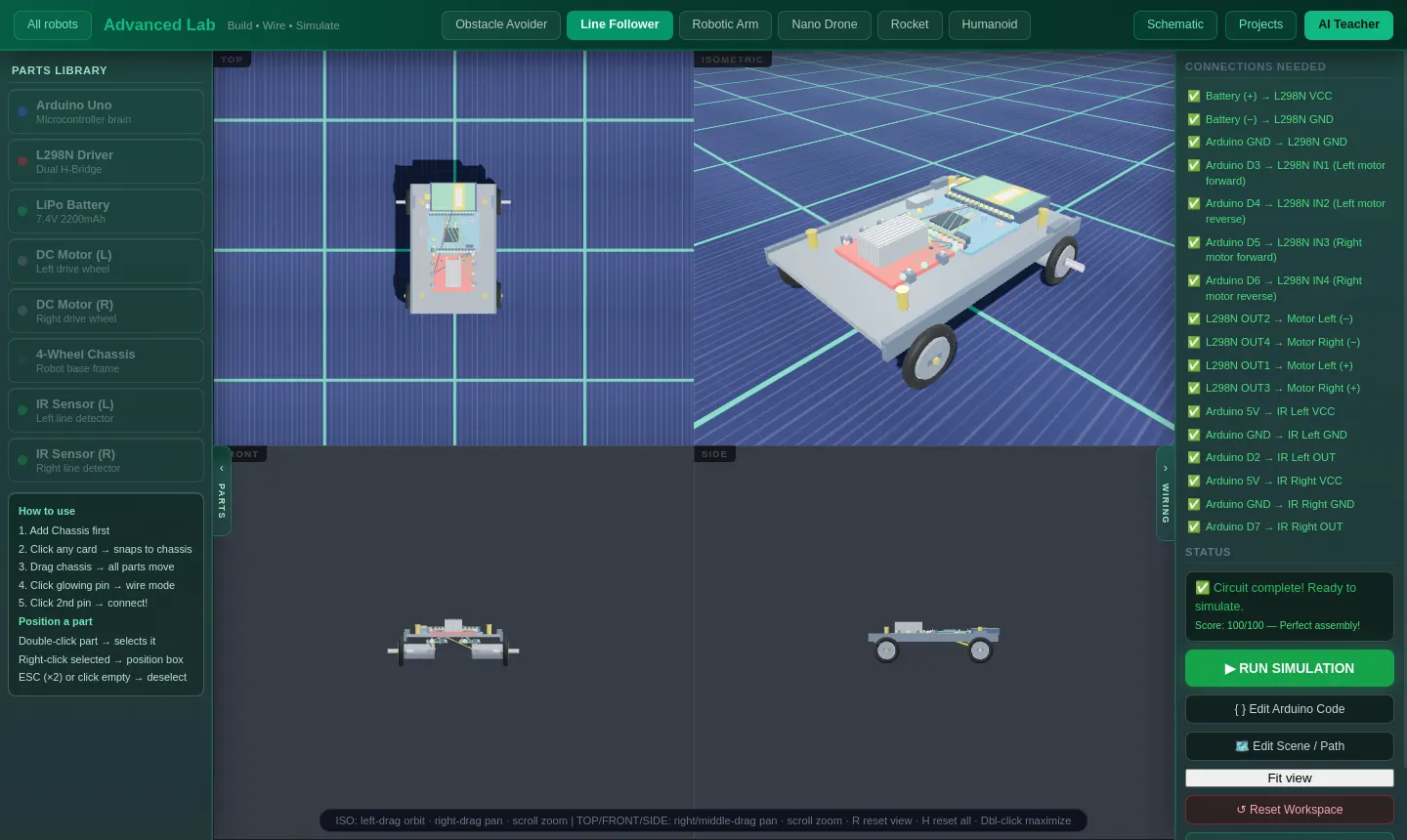 Line follower wiring in the SPYRAL advanced lab: parts library, 3D views and the list of connections