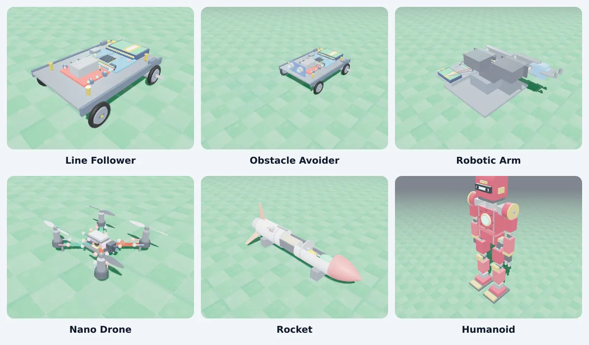 The six robots in the SPYRAL 3D Robotics Lab: line follower, obstacle avoider, robotic arm, nano drone, rocket and humanoid